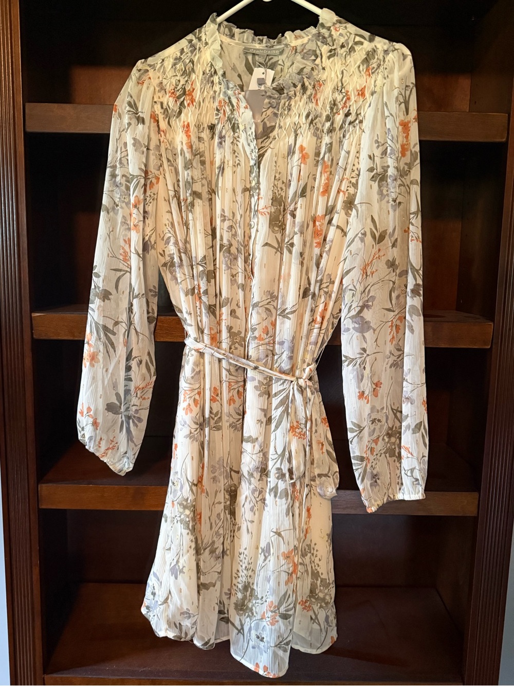 Women's Long Sleeve Floral Tie-Waist Dress - White/Orange